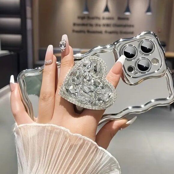 iPhone Plus Pro Max 14 13 12 11 Case- Silvery Mirror Rhinestone Stand Design - Picture 3 of 5